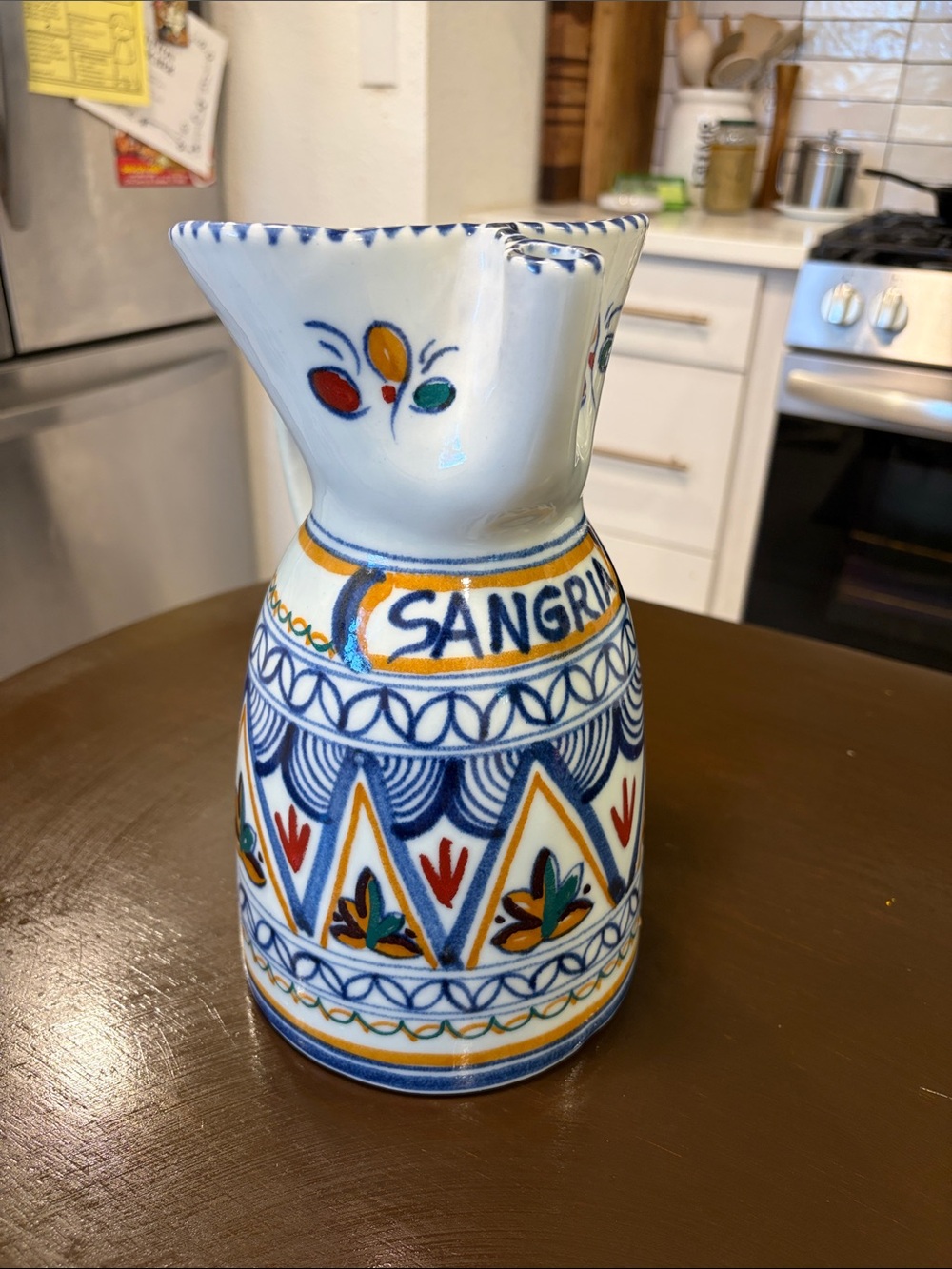 Hand-Painted Sangria Ceramic Pitcher in Blue, White, Yellow